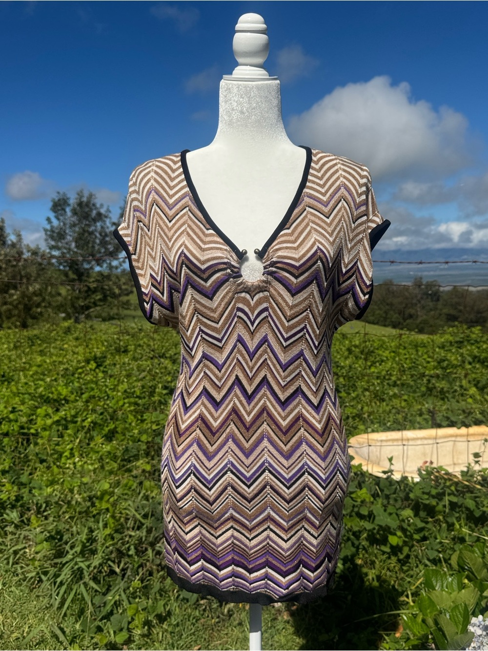 Vintage Caché V-neck knit Chevron zigzag Tunic Top Retro going out medium